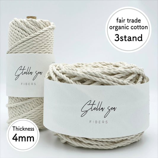 4mm/Natural/45m (about 250g) 3-Strand fair-trade organic cotton macrame rope made in Japan